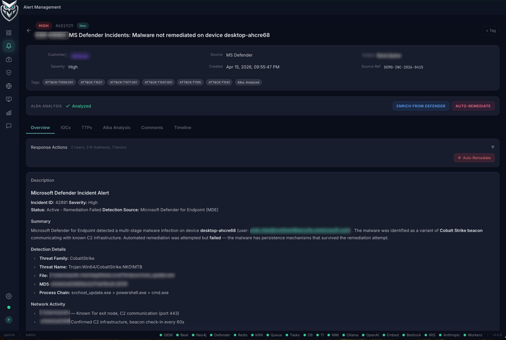 Alert detail with auto-remediate action