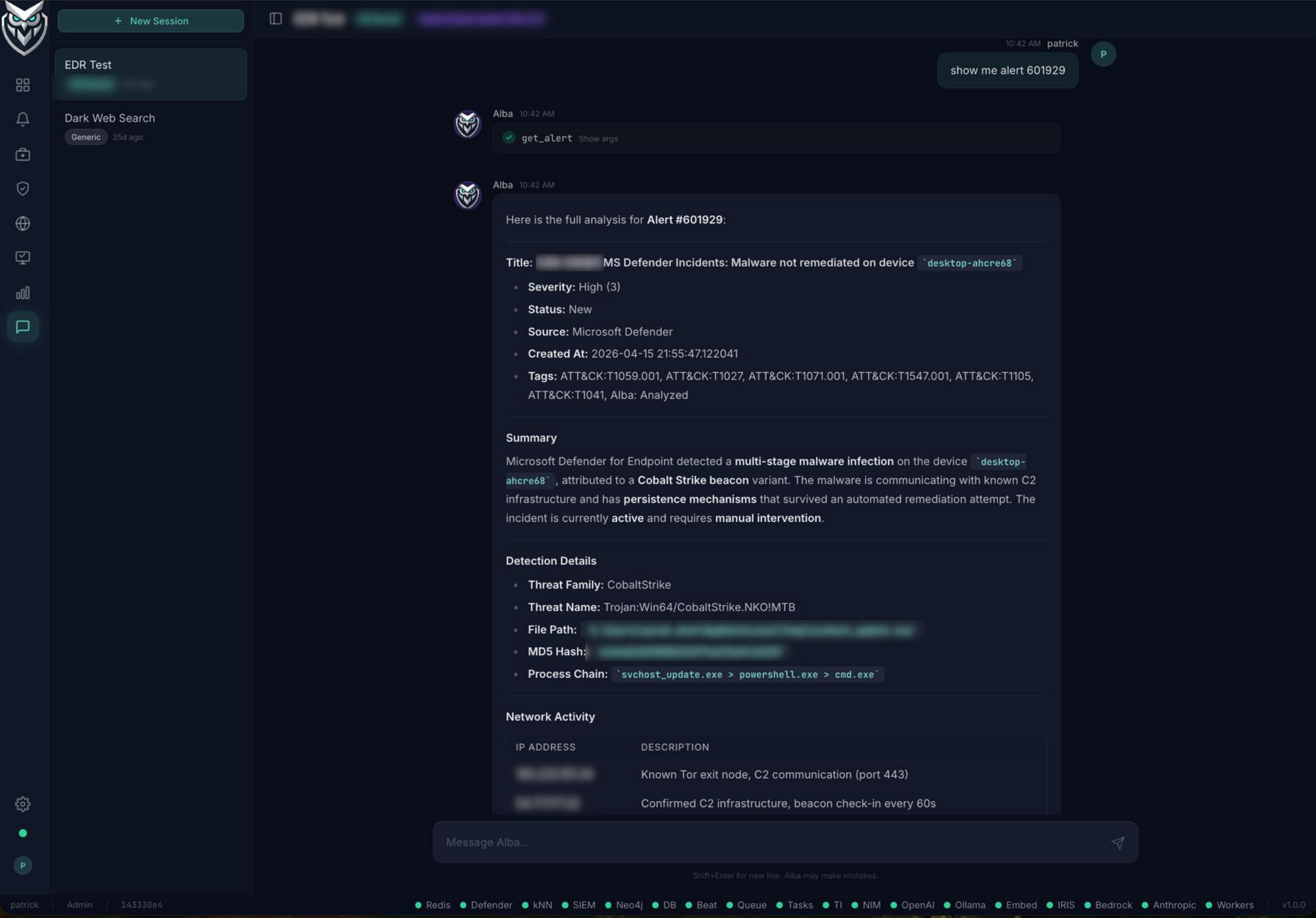 Interactive chat investigation interface